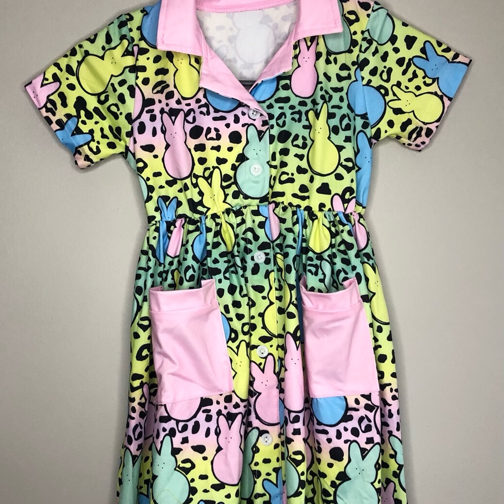 Girls’ Easter “Peeps” Short Sleeve Dress with Pockets and Buttons 5T